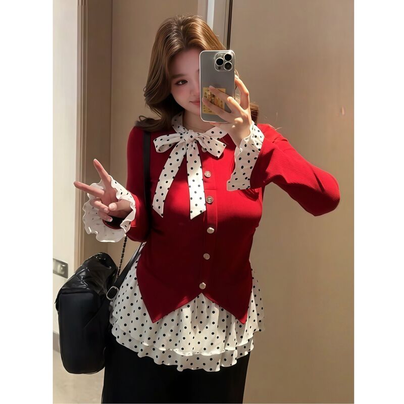 Plus-Size Sweet Style Red Polka Dot Faux Two-Piece Top for Women, Winter Long-Sleeve Bowknot Christmas Atmosphere Inner Wear Plus-Size Sweet Style Red Polka Dot Faux Two-Piece Top for Women, Winter Long-Sleeve Bowknot Christmas Atmosphere Inner Wear