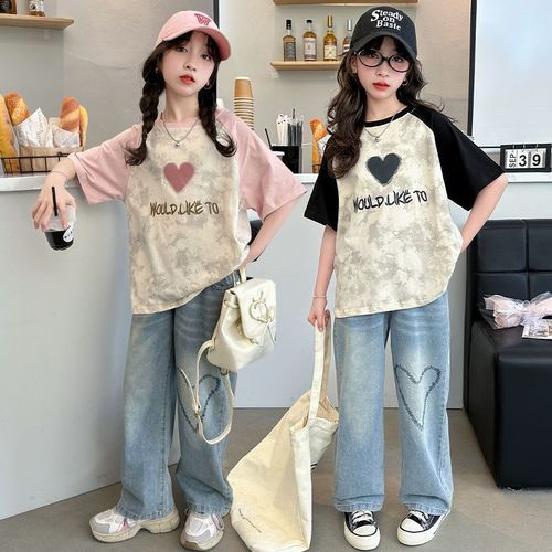 Mid-to-late childhood girls' summer short-sleeve raglan T-shirt, fresh and casual half-sleeve trendy top