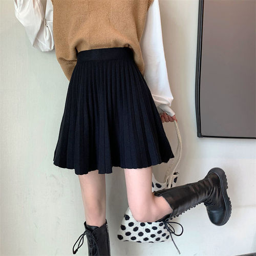 Hot Girl Pleated Skirt Short Skirt Women's Autumn New High Waist A-Line Skirt Black Skirt Western Style Knitted Skirt