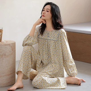睡衣女春秋款纯棉长袖长裤可外穿中年妈妈秋季碎花高级家居服套装