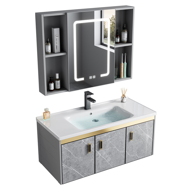 Luz de lujo espacio de aleación de aluminio baño combinación de gabinete de baño placa de roca lavabo integrado lavabo