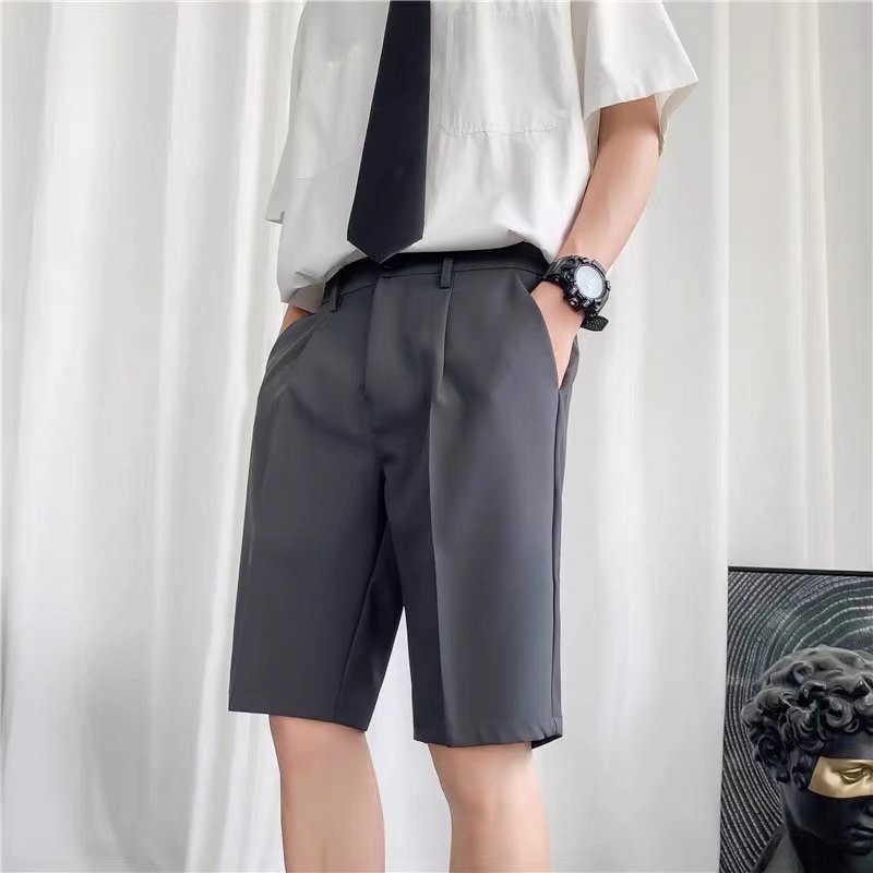 メンズサマースーツショーツ、ストレートレッグ、ルーズ、韓国風、カジュアル、軽熟、ビジネスミッドパンツ、スリムフィット、5点パンツ、トレンド|undefined