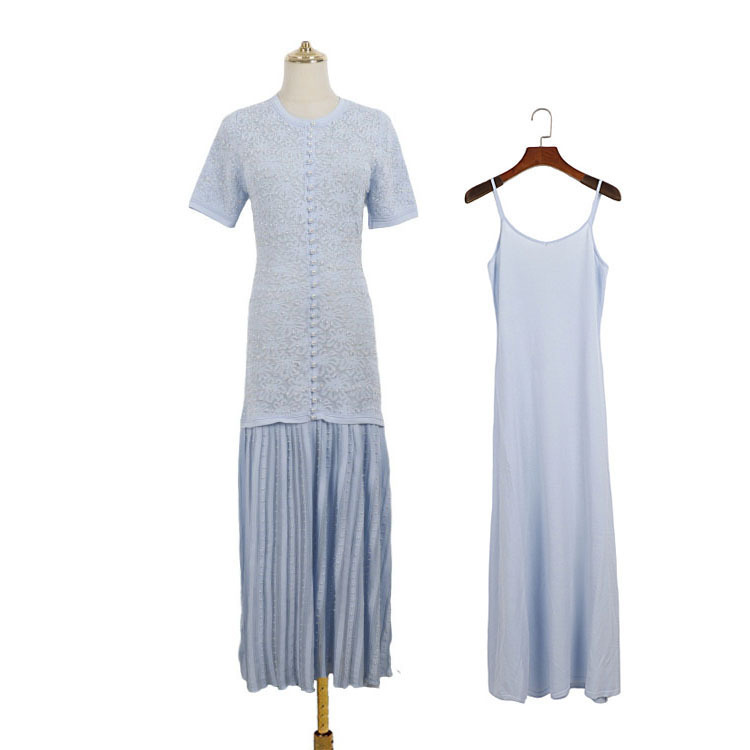 Fashionable Summer Style Slightly Sheer Beaded Knit Dress with Round Neck, Full-Body Pearl Embellishments, Waist-Cinching, Slimming Short Sleeves, Pleated A-Line Skirt