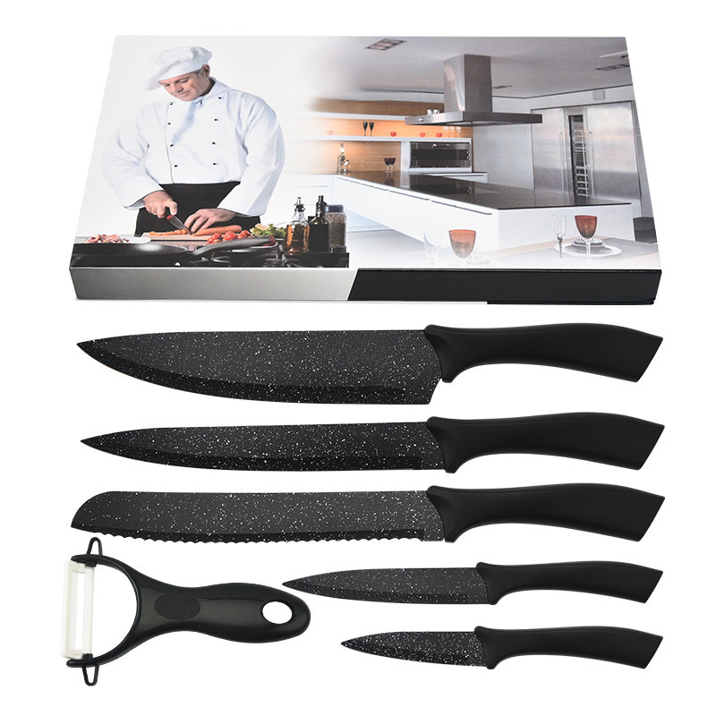 Cuchillo de comercio exterior mayorista de acero inoxidable pintado por pulverización de piedra de arroz, mango curvo de seis piezas cuchillo de cocina doméstico conjunto de cuchillos de cocina