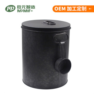 Factory Direct Pet food storage tank galvanized iron household cat and dog food sealed bucket black round food storage bucket with spoon