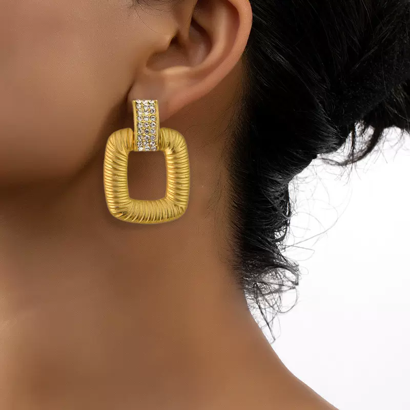 925银针中古vintage方形点钻耳环女编制纹路夸张复古耳坠耳饰批发