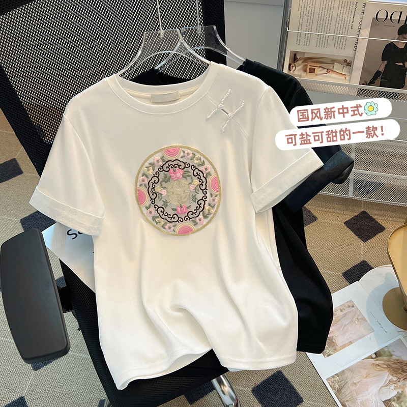 新中式国风短袖T恤女2024新款春夏季设计感小众内搭打底衫ins