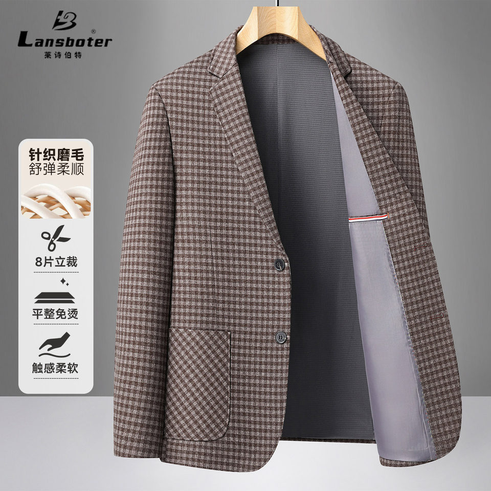 Áo vest nam họa tiết kẻ ô dáng ôm, cổ vest một hàng hai cúc, tay dài, chất liệu co giãn chống nhăn — Bóng, Kẻ sọc xanh xám