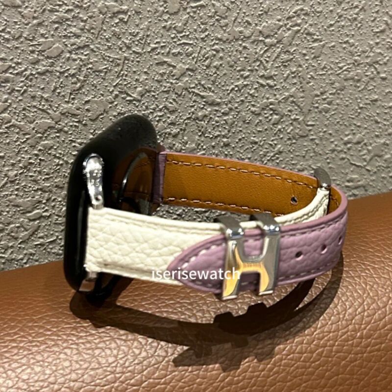 Suitable for Apple Watch S10 Strap Leather Metal H Buckle Iwatchs9 Summer Breathable Seultra High-End Feel