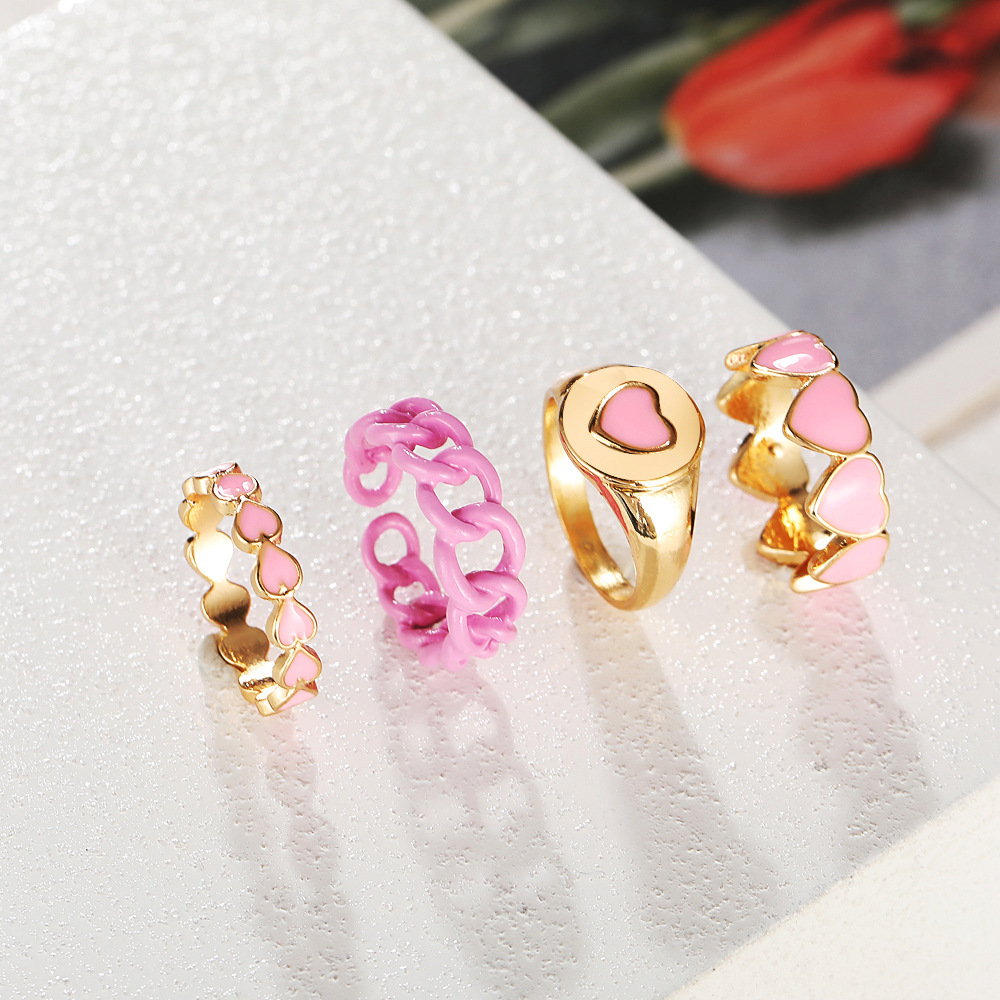 Cross-border Ins New Style Pink Love Heart-shaped Ring Set Creative Sweet Peach Heart Drop Oil Ring Color Retention Four-piece Set display picture 6