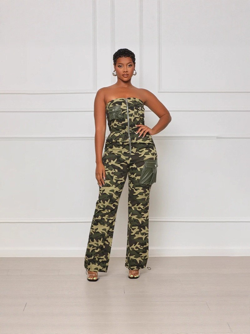 Comercio extranjero transfronterizo ropa de mujer de moda europea y americana sexy hombro abierto envuelto en el pecho elástico cintura cremallera recta junky camuflaje