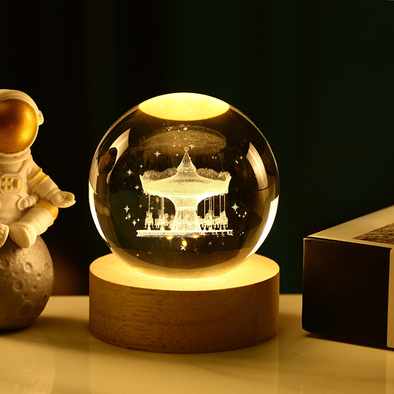 Bola de cristal 3D de la Vía Láctea — grabado interno luminoso con base de madera, luz nocturna decorativa creativa