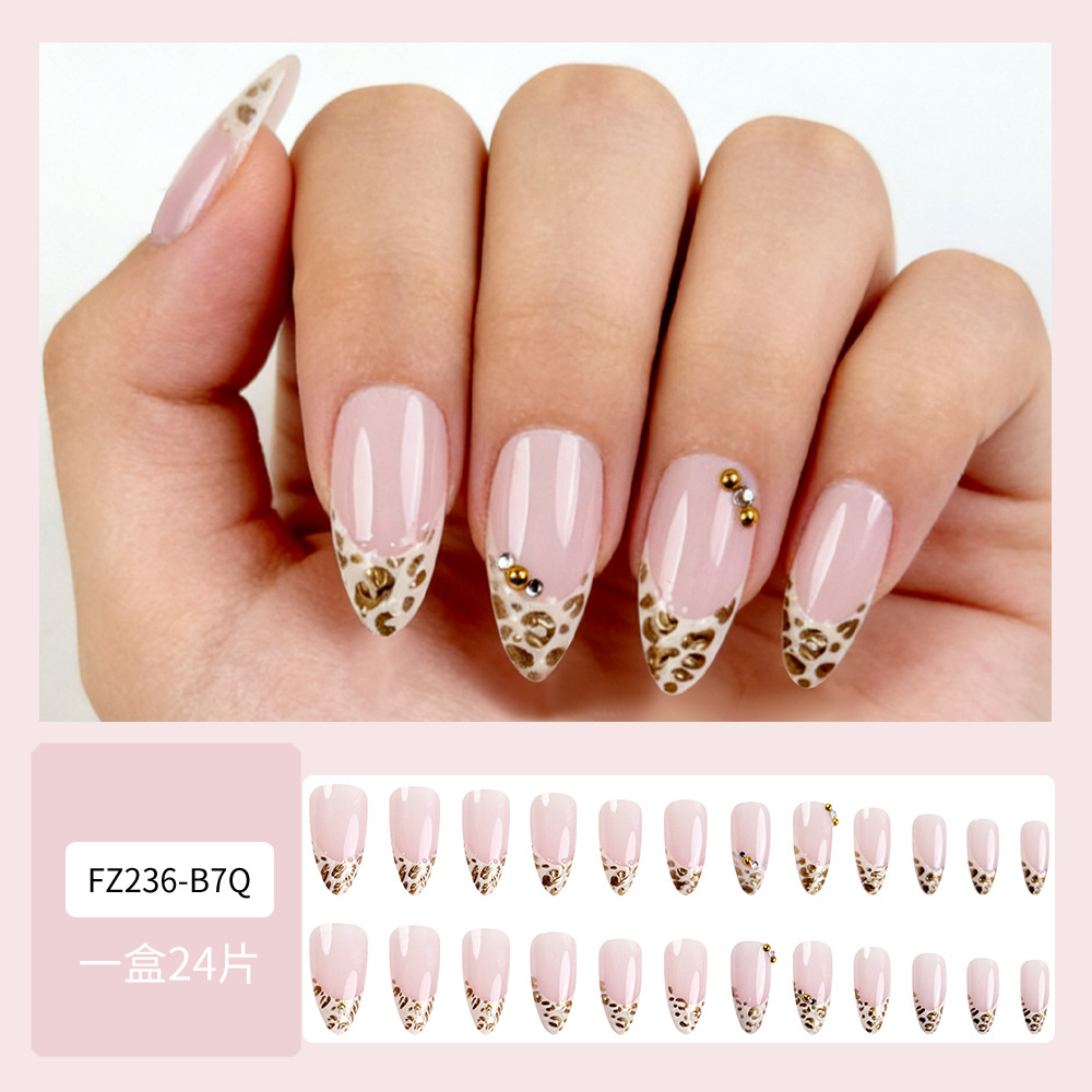Comercio exterior 3D oro leopardo impresión de manicuras francesas dulce fresco desnudo diamante rosa desgaste de uñas 24 piezas de parche de uñas image 3