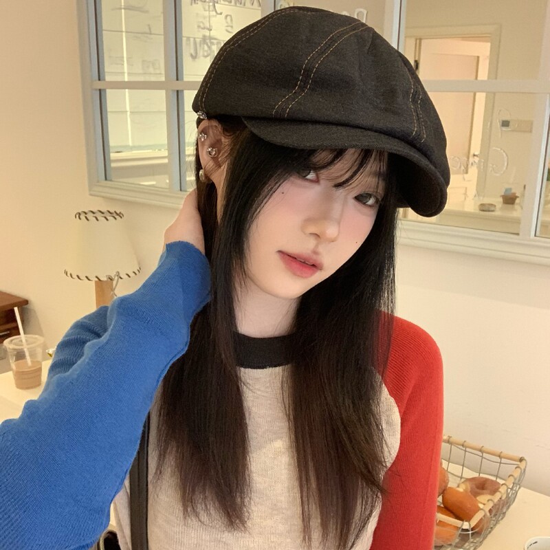 小众百搭牛仔贝雷帽子女春秋复古英伦风反戴八角帽显脸小鸭舌帽潮|undefined