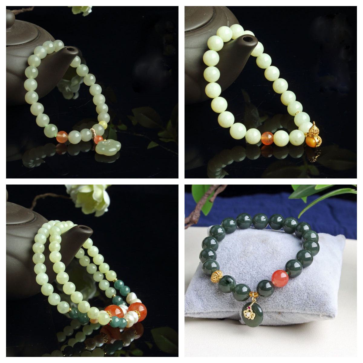 天然和田玉手链若羌黄口料女士DIY和田玉晴水渐变 国风珠串设计款