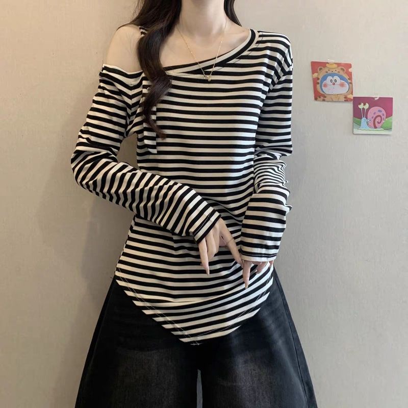 大码复古条纹斜露肩长袖T恤女夏季新款胖mm收腰显瘦遮肉外穿上衣|undefined
