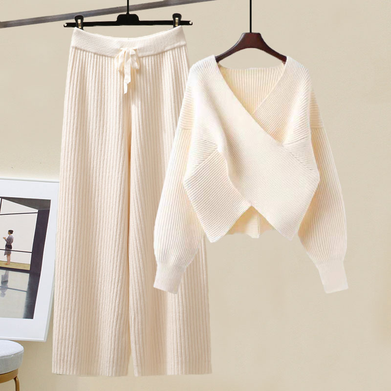 Women's Clothing Outfit With High Gentle Sweater Knitted Wide Leg Pants Suit Goddess Two Piece Suit_voghion.com