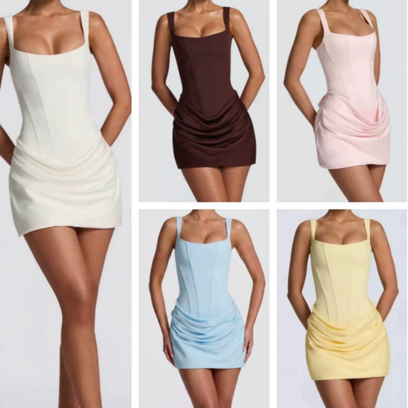 New Foreign Trade Women's Clothing, French-Style Sexy Square-Neck Sleeveless Bodycon Tie-Waist Short Midi Tank Dress