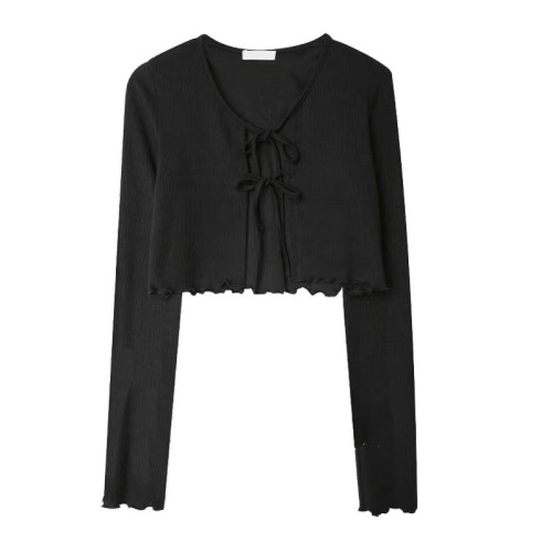 Women's Summer Stylish Short V-Neck Cardigan Open Style Outerwear Thin Covering Blazer Black