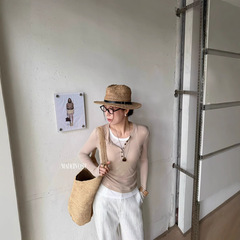 【FEI】2025春夏新作韓国風ファッションROW風衝突色偽2枚薄手日焼け止め長袖tシャツ