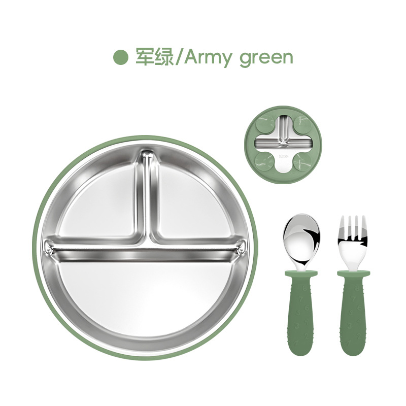 Amazon cubiertos infantiles de acero inoxidable para bebés comidas 304 cubiertos de acero inoxidable platos de silicona tipo ventosa