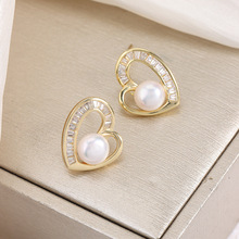珍珠镶锆爱心天然珍珠耳钉女优雅耳饰S925纯银针韩国东大门显气质