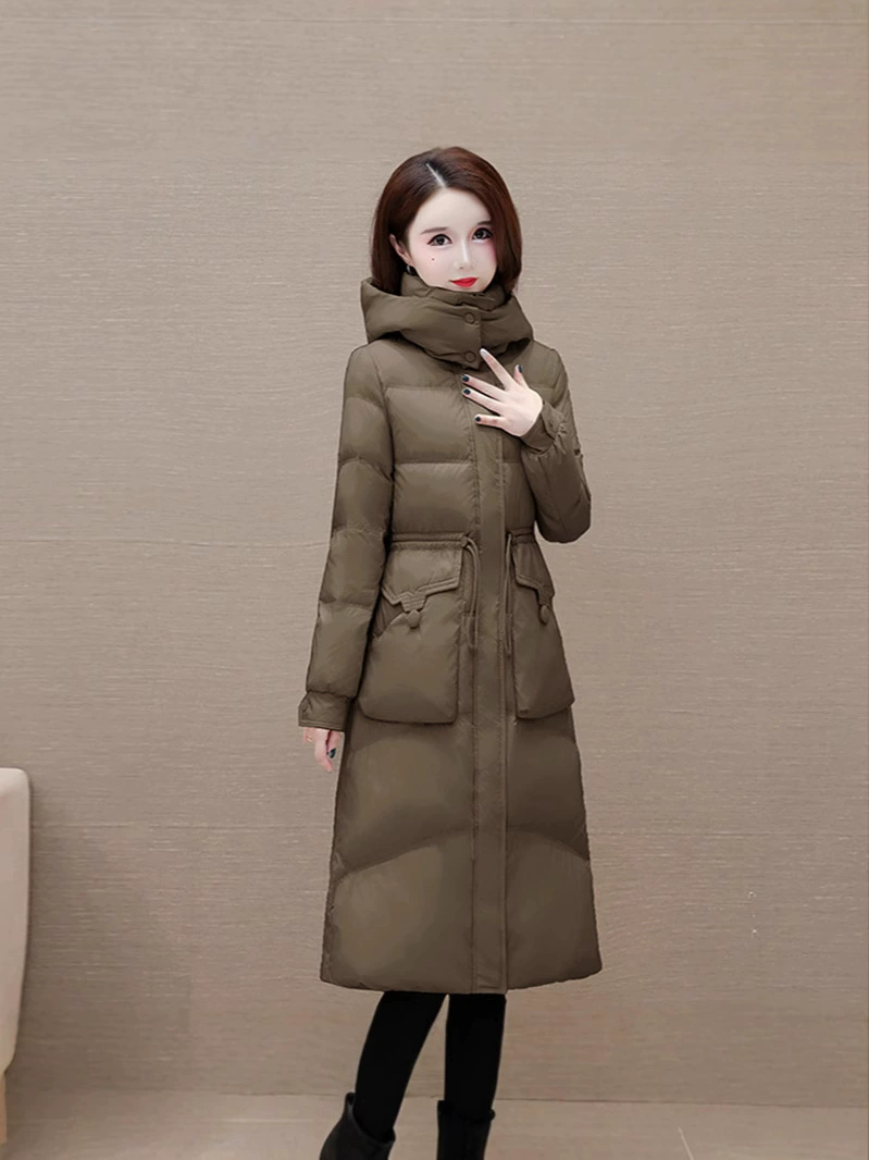Fitted warm long brace, down jacket with hood, Korean style