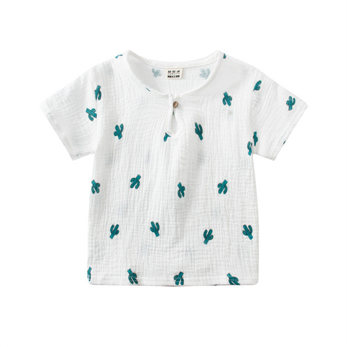 儿童夏季棉麻短袖T恤男女童宝宝双层棉纱薄款圆领单扣半袖上衣
