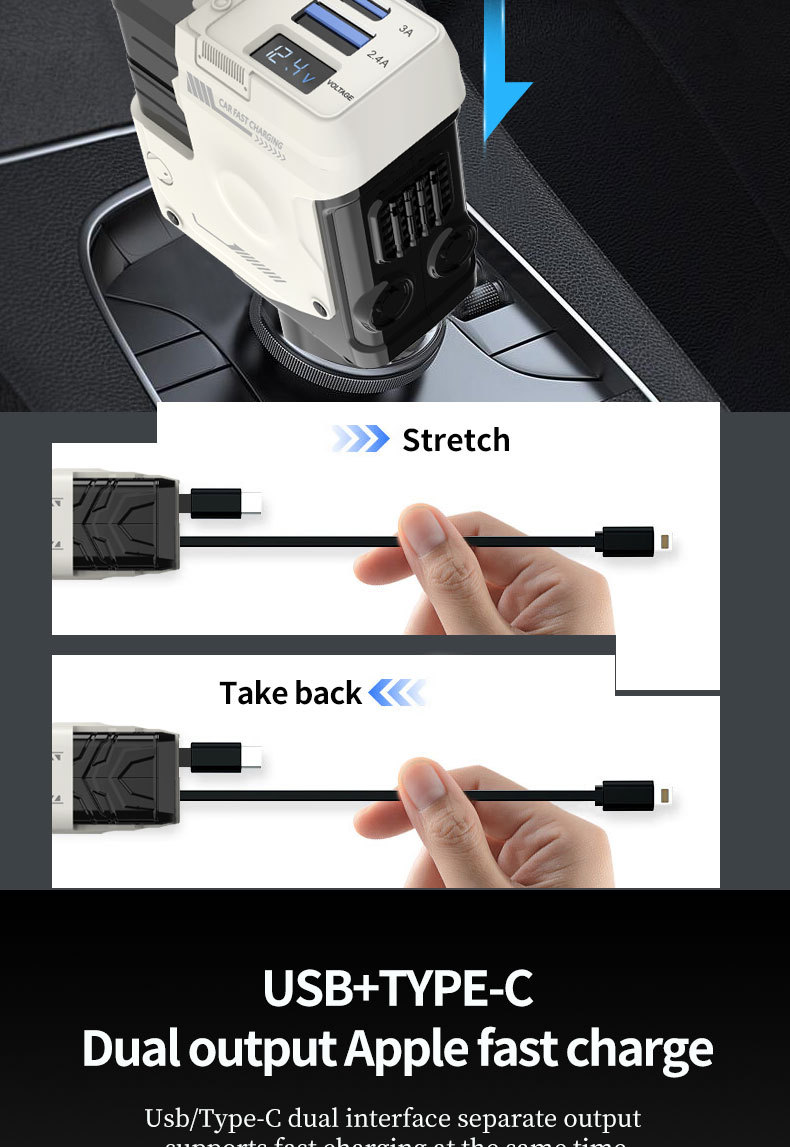Mecha Car Charger 120W Super Fast Charging Car Mobile Phone Charger with Built-In Retractable Cable and Digital Display Car Charger
