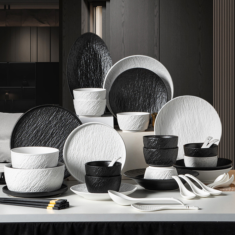 Black and White Slate High-End Dishware Set Household Ceramic Tableware Underglaze Color Bowl and Plate Set Housewarming Gift Wholesale
