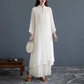 实拍 中式女装连衣裙棉麻中长款文艺瑜伽服茶服禅舞服太极服2件套