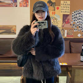 冬季韩版高级感灰棕环保皮草外套女新款短款圆领仿狐狸毛毛绒上衣