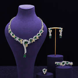 定做加工跨境几何锆石花卉项链耳环首饰套装彩色宝石项链工厂批发