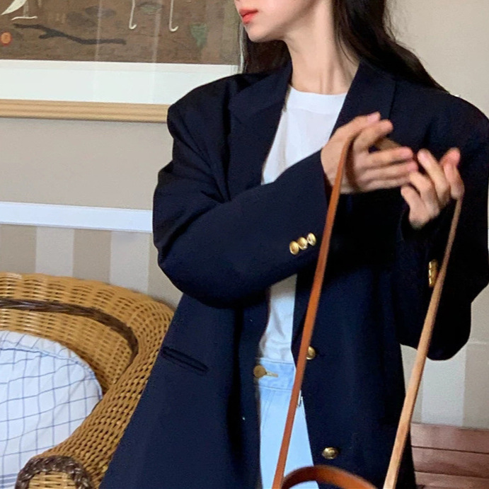 Korean Chic Early Spring Niche French Retro High-End Dark Blue Unique Metal Buckle Versatile Blazer Jacket