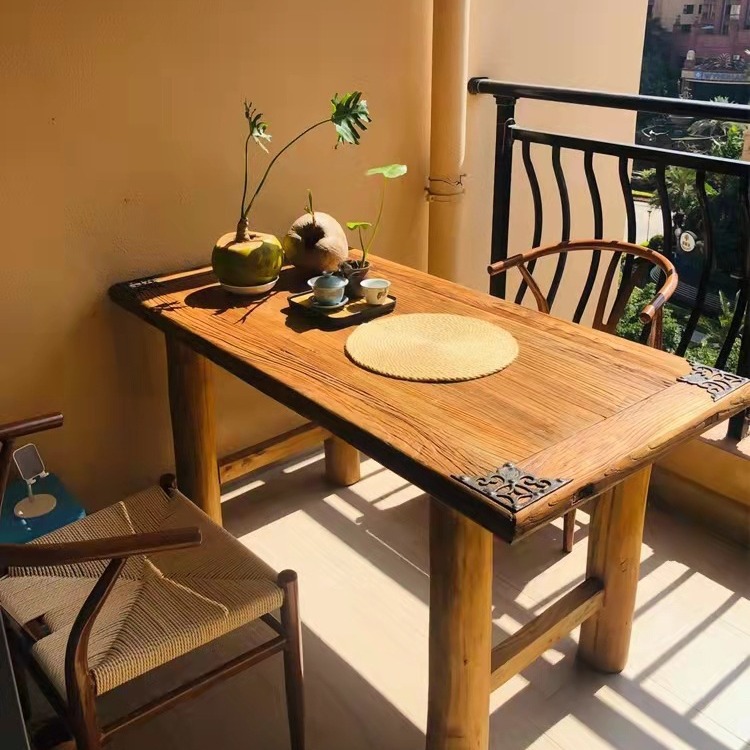 老榆木门板复古茶桌风化旧木板桌椅组合茶台禅意民宿餐桌