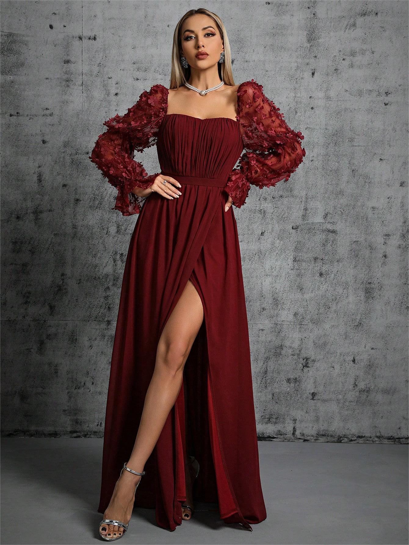Vestido de noche transfronterizo de Amazon, nuevo vestido elegante y moderno de manga larga con cuello cuadrado de malla para mujer, envío directo de una sola pieza