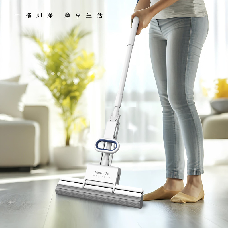 Sponge Absorbent Mop for Home Use, One-Step Clean Floor Mop for Bathroom and Living Room, Quick One-Click Head Replacement, 38cm Sponge Head