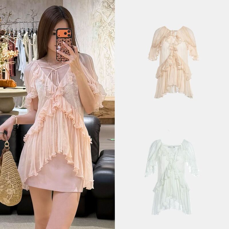In Stock~【Cell New Style】26Ss Spring/Summer French-Style Orange Lace Three-Quarter Sleeve Ruffle Top