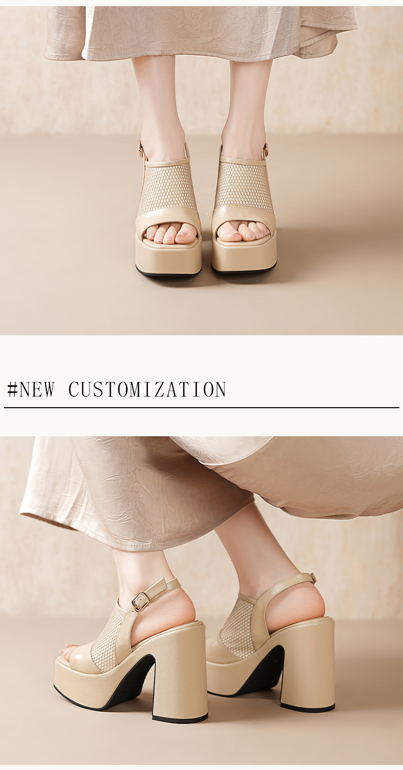 Sandal cao gót nữ hở mũi đế xuồng da thật gót thô 9 cm — màu đen, màu trắng ngà, màu mơ chi tiết 3