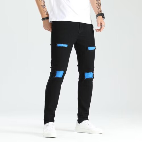 Cross-border new holey ankle men's pants European and American elastic patch trendy fashion jeans for men
