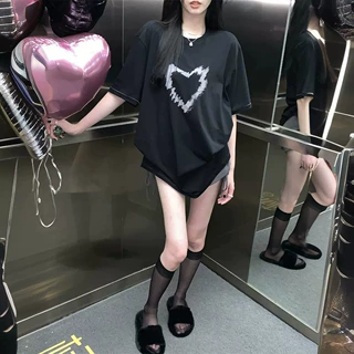 美式复古黑色纯棉短袖t恤女宽松夏季慵懒风oversize学生半袖上衣