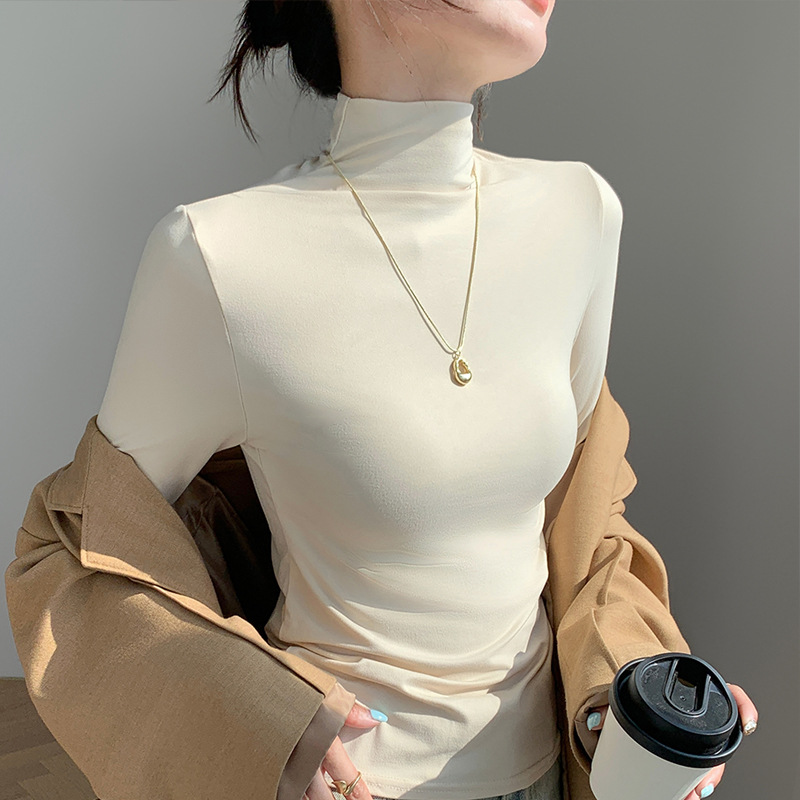 Camiseta legging de cuello medio alto para mujeres 2024 otoño y invierno nuevo ajustado interior con camiseta de manga larga delgada y delgada chaqueta de aire extranjero image 3