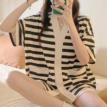 睡衣女夏季2025年新款棉薄款短袖两件套简约条纹网红爆款家居服