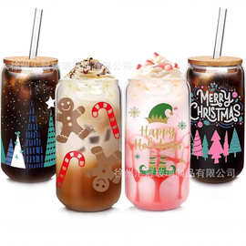 跨境亚马逊专供爆款可乐杯玻璃水杯创意印刷图案带竹木盖子吸管杯