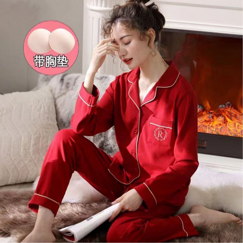 Pijamas de una pieza de algodón 100% para mujer con almohadilla para el pecho primavera y otoño nuevos Pantalones casual de manga larga estilo coreano traje de desgaste exterior