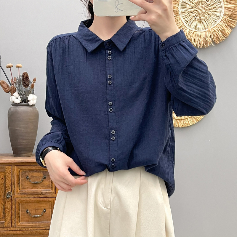 6602简约纯色双层棉纱长袖衬衣女 2025春秋新款休闲显瘦上衣 批发|undefined