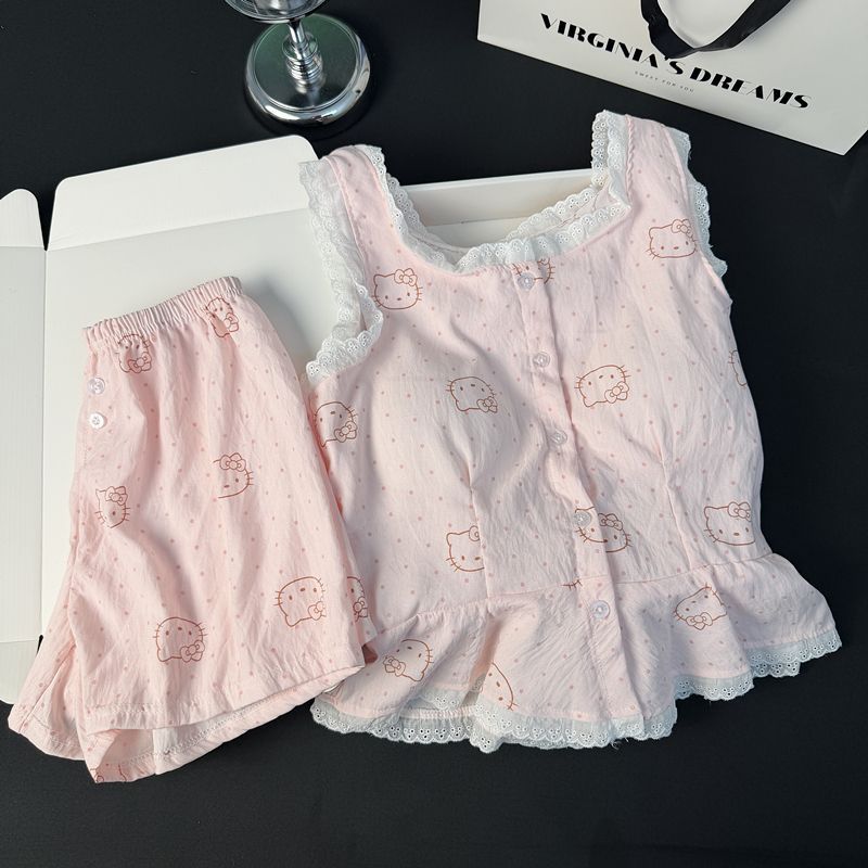 Verano cómodo nube algodón pijama de mujer impresión rosa pantalones cortos de mangas voladores con cojín de pecho dormitorio ropa casera