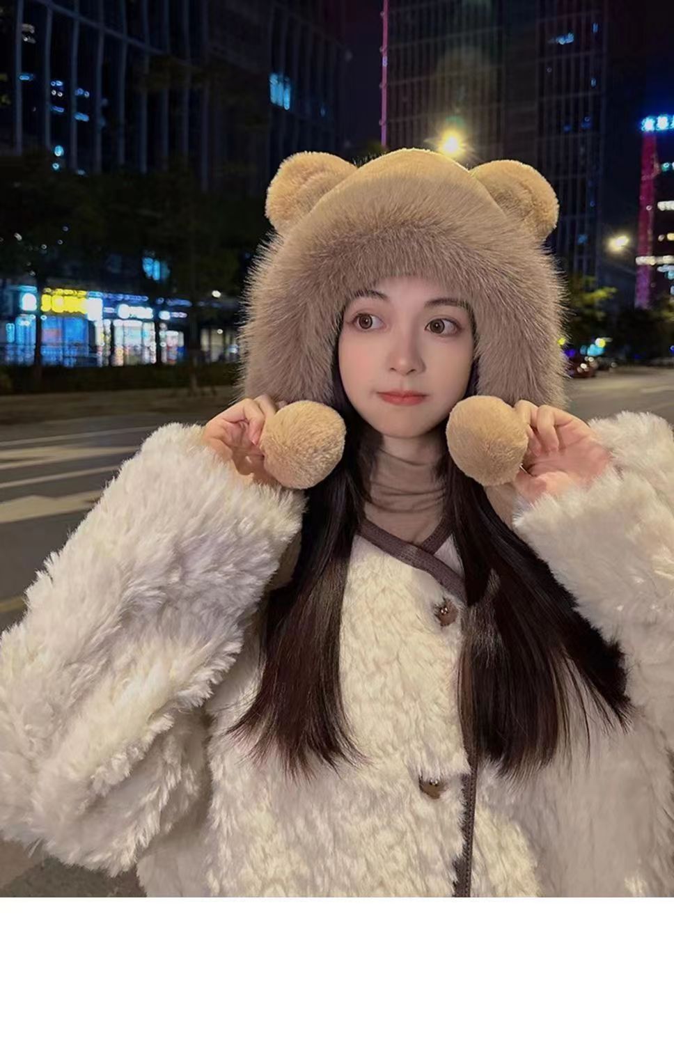 Cute Style Ear Warap Rim Women's Cute Bear Pom Poms Ear Warap Wool Cap