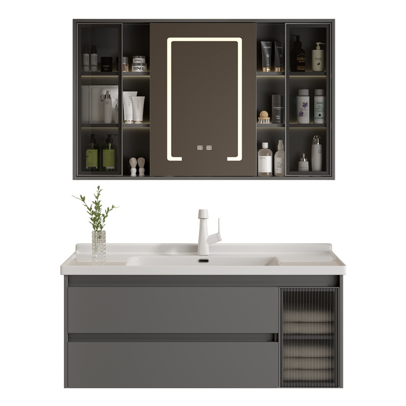 Gabinete de baño de lujo ligero lavabo de placa de roca de cerámica lavabo espejo inteligente lavabo de cerámica gabinete todo en uno lavabo image 6