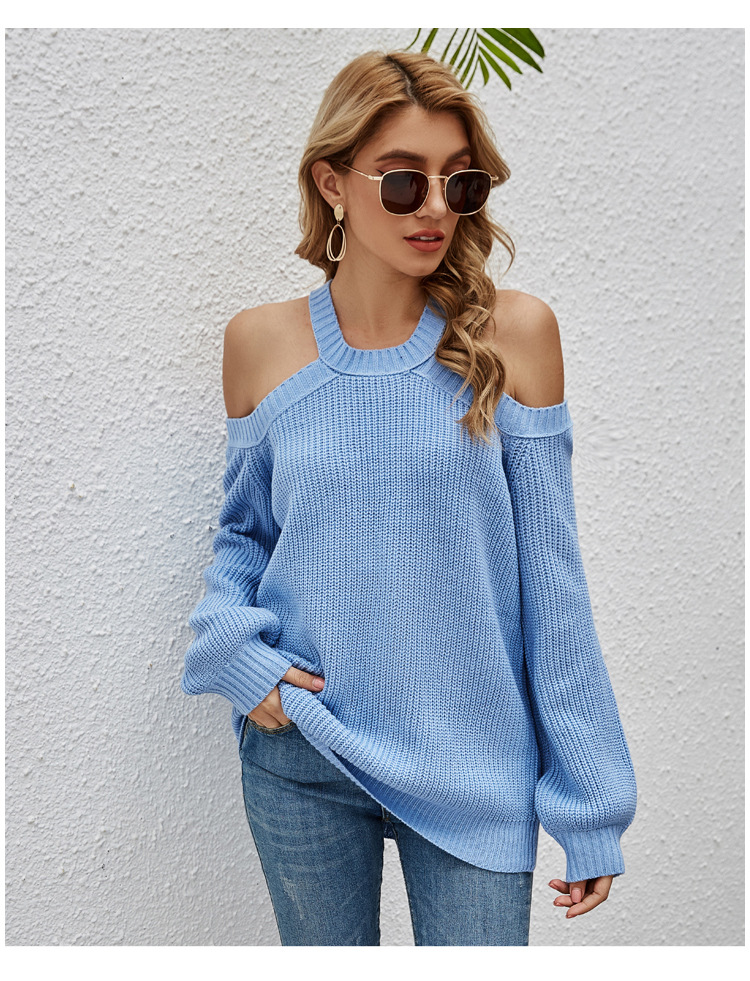 New Women Sexy Lantern Sleeve Off-Shoulder Solid Color Sweater